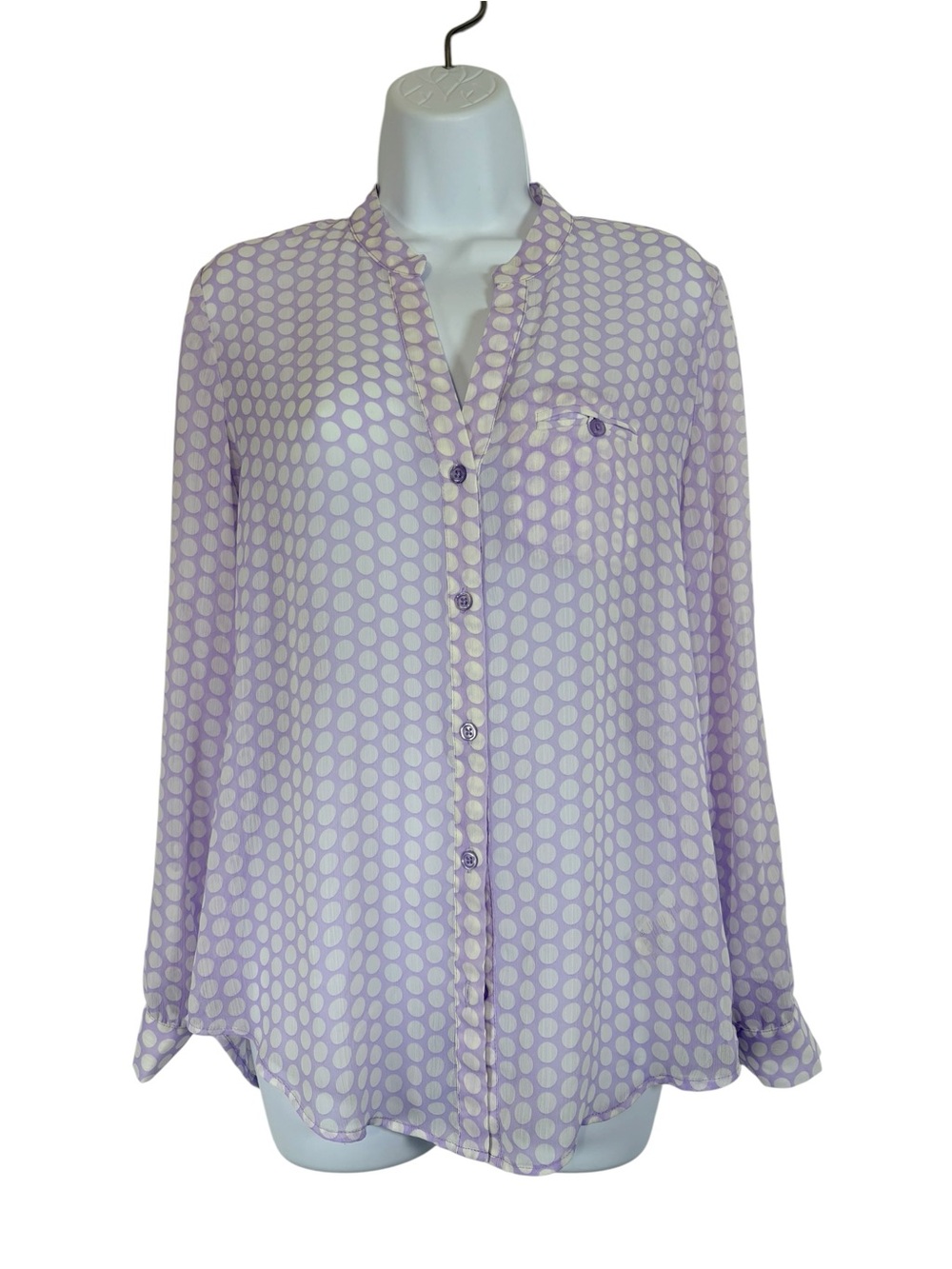 Kut From The Kloth Lavender White Polka Dot Sheer Button Front Blouse SzS Office